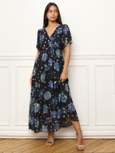 Robe longue à motifs fleurs et feuilles dorées bleu marine
