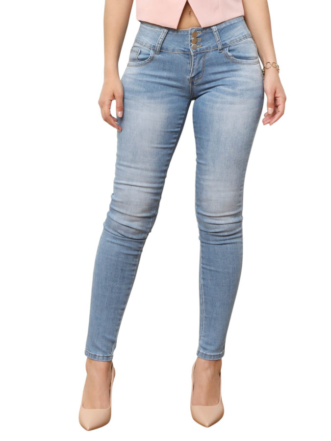 Jeans skinny  bleu taille basse à trois boutons