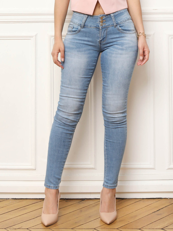 Jeans skinny  bleu taille basse à trois boutons