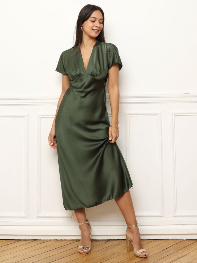 Robe Midi Robe Ã Manches Courtes Robe Mi-longue Kaki Satinée à - Main Image