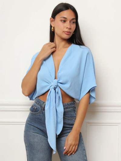 Top court style blouse à nouer bleu