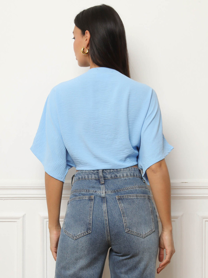 Top court style blouse à nouer bleu