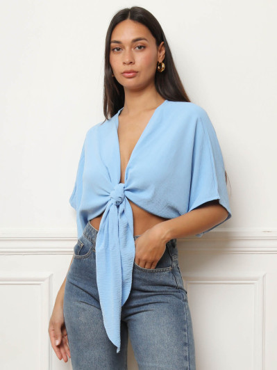 Top court style blouse à nouer bleu