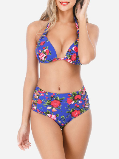 Maillot de bain bleu fleuri taille haute