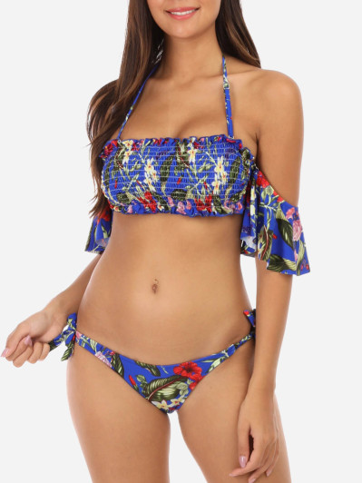 Bikini fleuri bleu cobalt  à fronces et volants