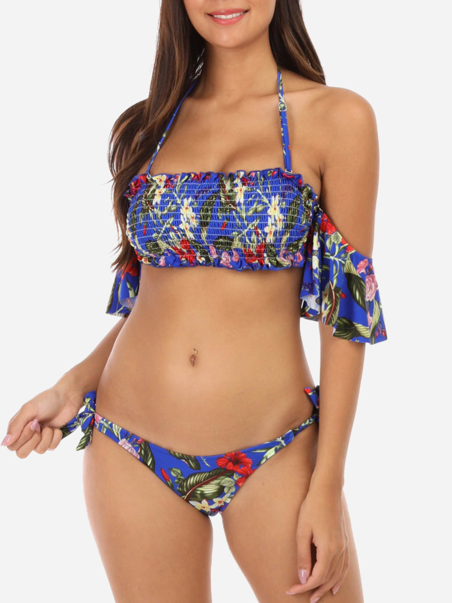 Bikini fleuri bleu cobalt  à fronces et volants