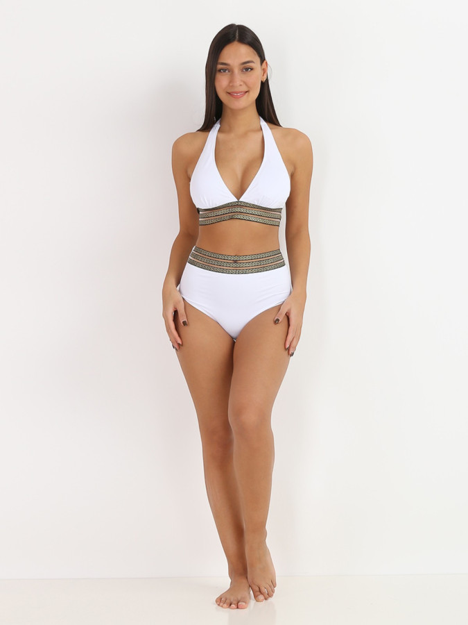 Bikini taille haute blanc à motif Grecque