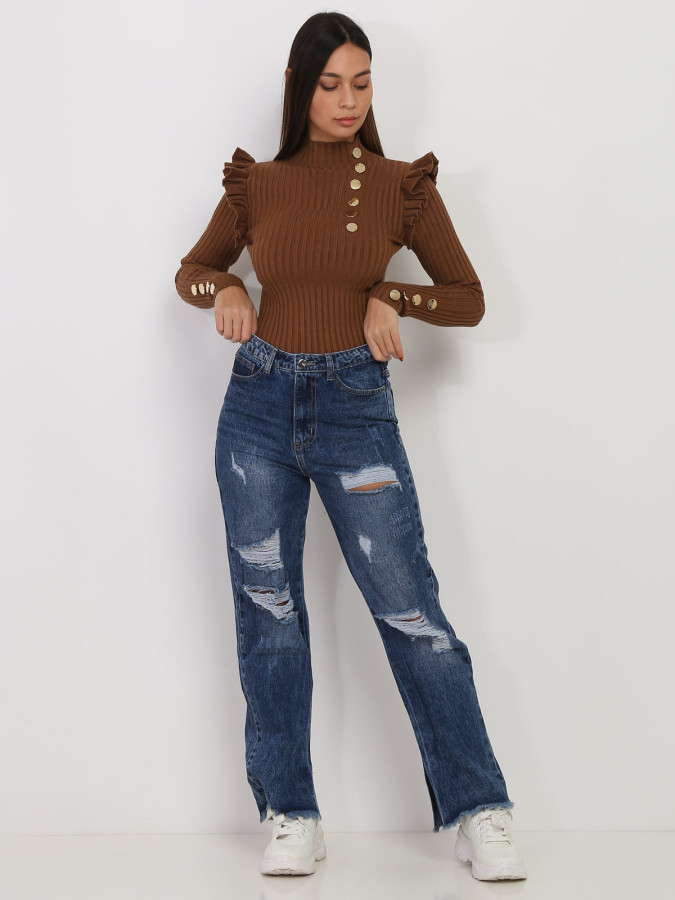 Jeans large bleu destroy à taille haute