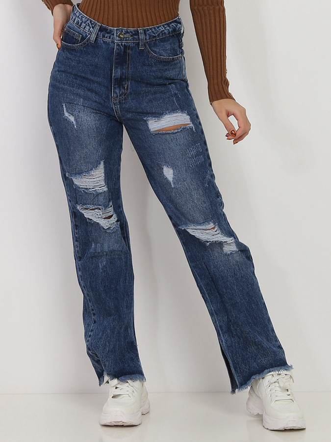 Jeans large bleu destroy à taille haute
