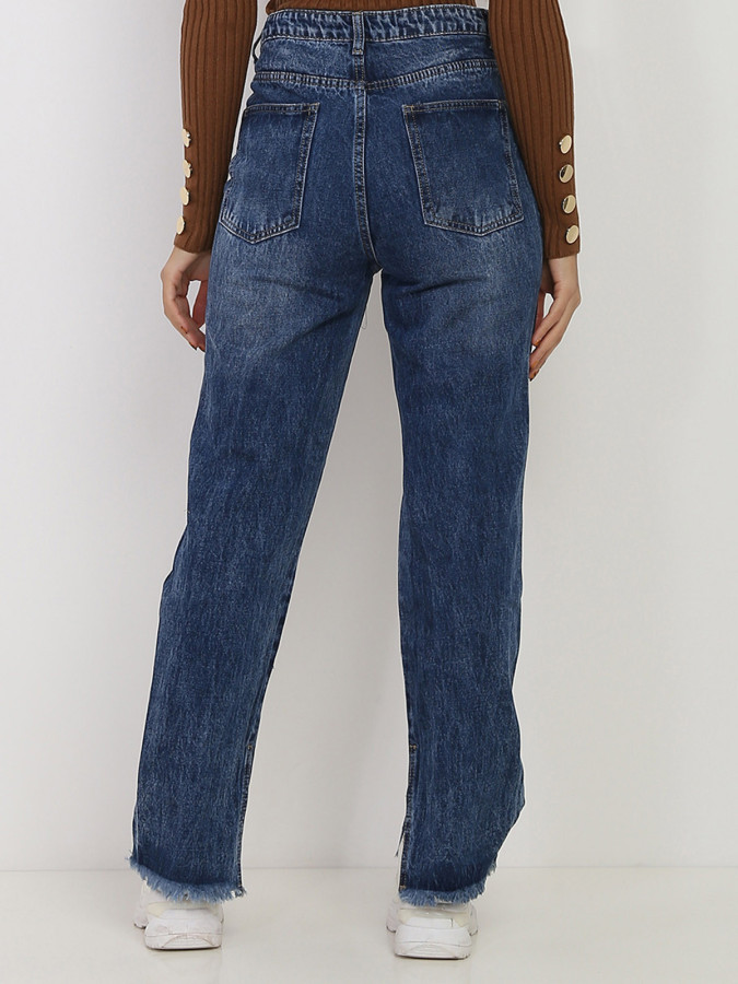 Jeans large bleu destroy à taille haute