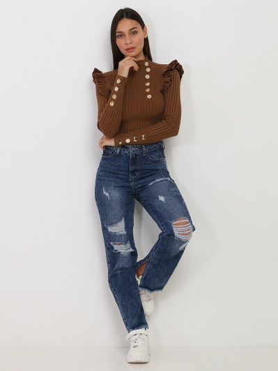 Jeans large bleu destroy à taille haute