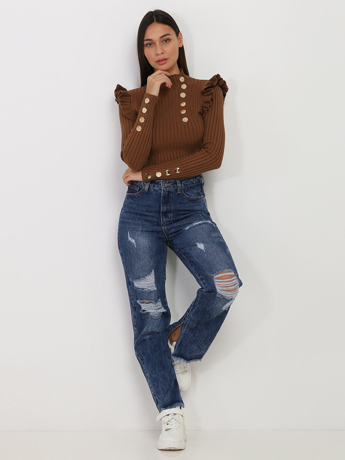 Jeans large bleu destroy à taille haute