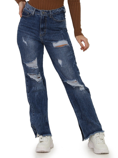 Jeans large bleu destroy à taille haute