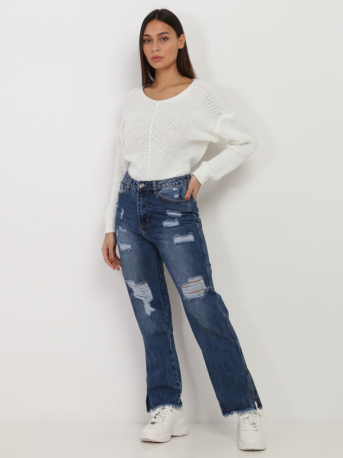 Jeans bleu large destroy à fentes