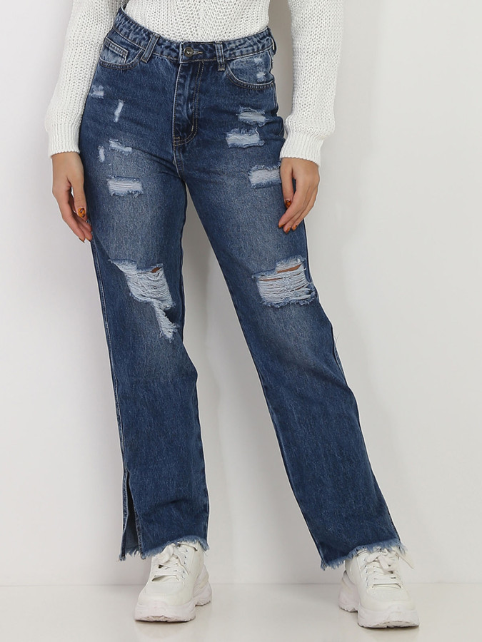 Jeans bleu large destroy à fentes
