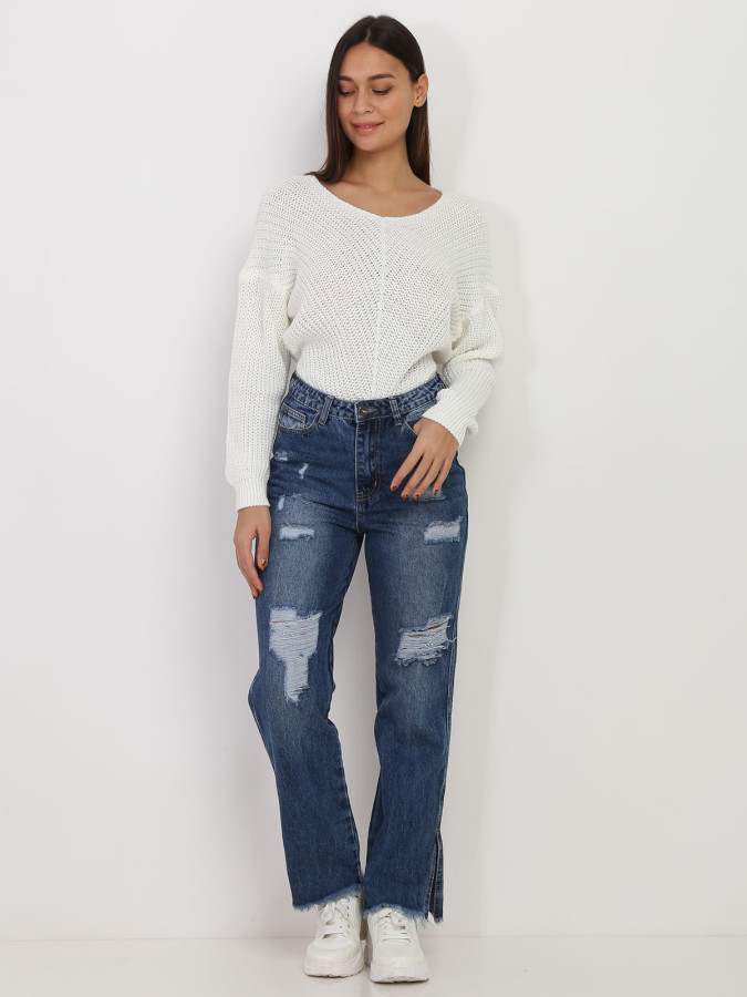 Jeans bleu large destroy à fentes