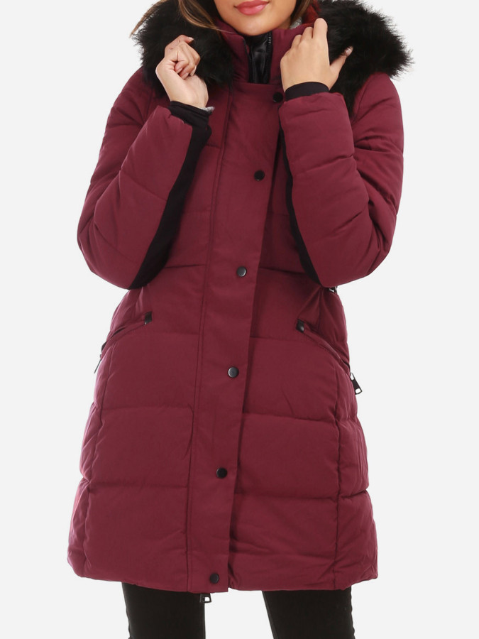 Doudoune bordeaux longue avec fausse fourrure femme pas cher