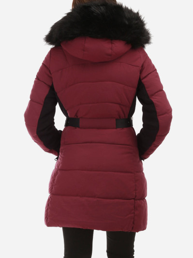 Doudoune bordeaux longue avec fausse fourrure femme pas cher