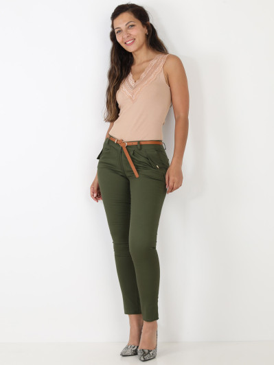 Pantalon kaki avec ceinture camel femme pas cher la modeuse