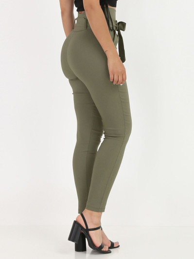 Pantalon taille haute kaki à zip et ceinture