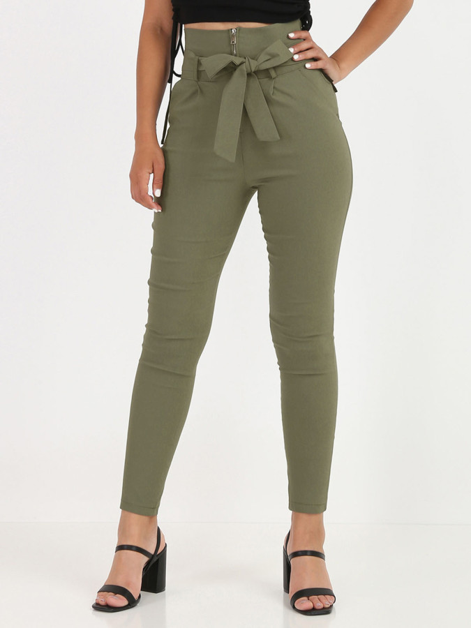 Pantalon taille haute kaki à zip et ceinture