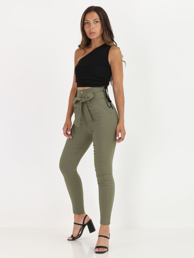 Pantalon taille haute kaki à zip et ceinture