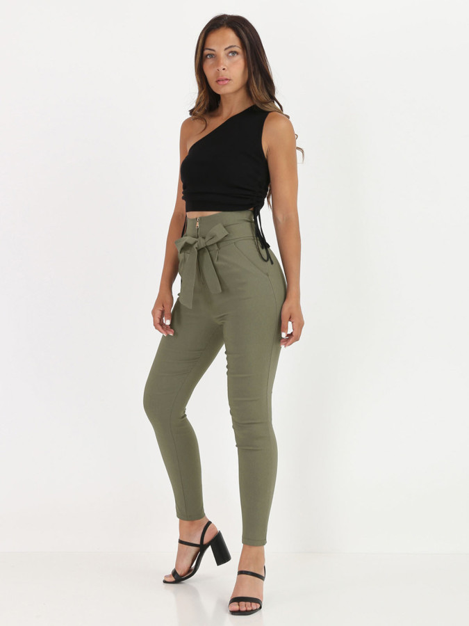 Pantalon taille haute kaki à zip et ceinture