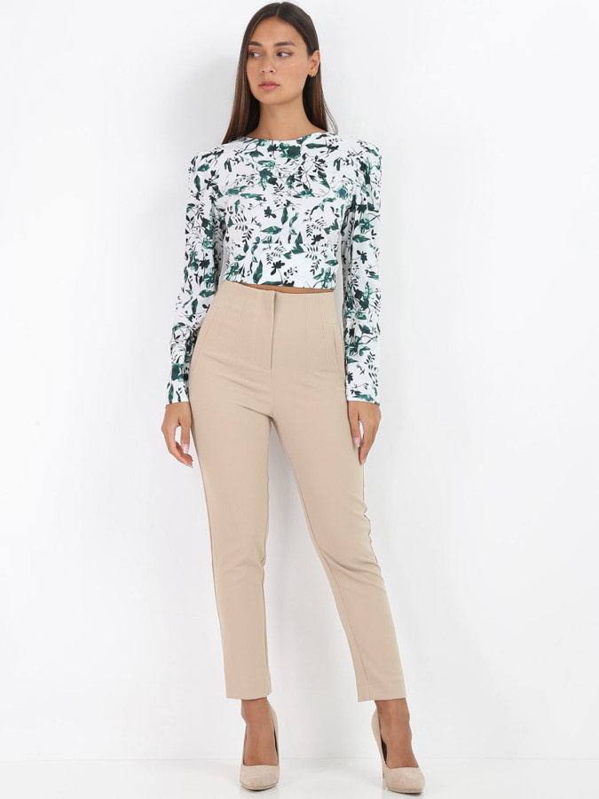 Pantalon droit beige taille haute