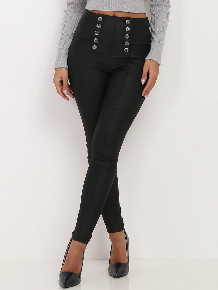 Pantalon skinny noir en simili à boutons