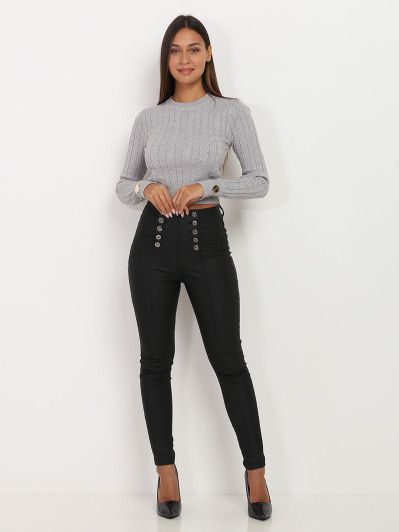 Pantalon skinny noir en simili à boutons