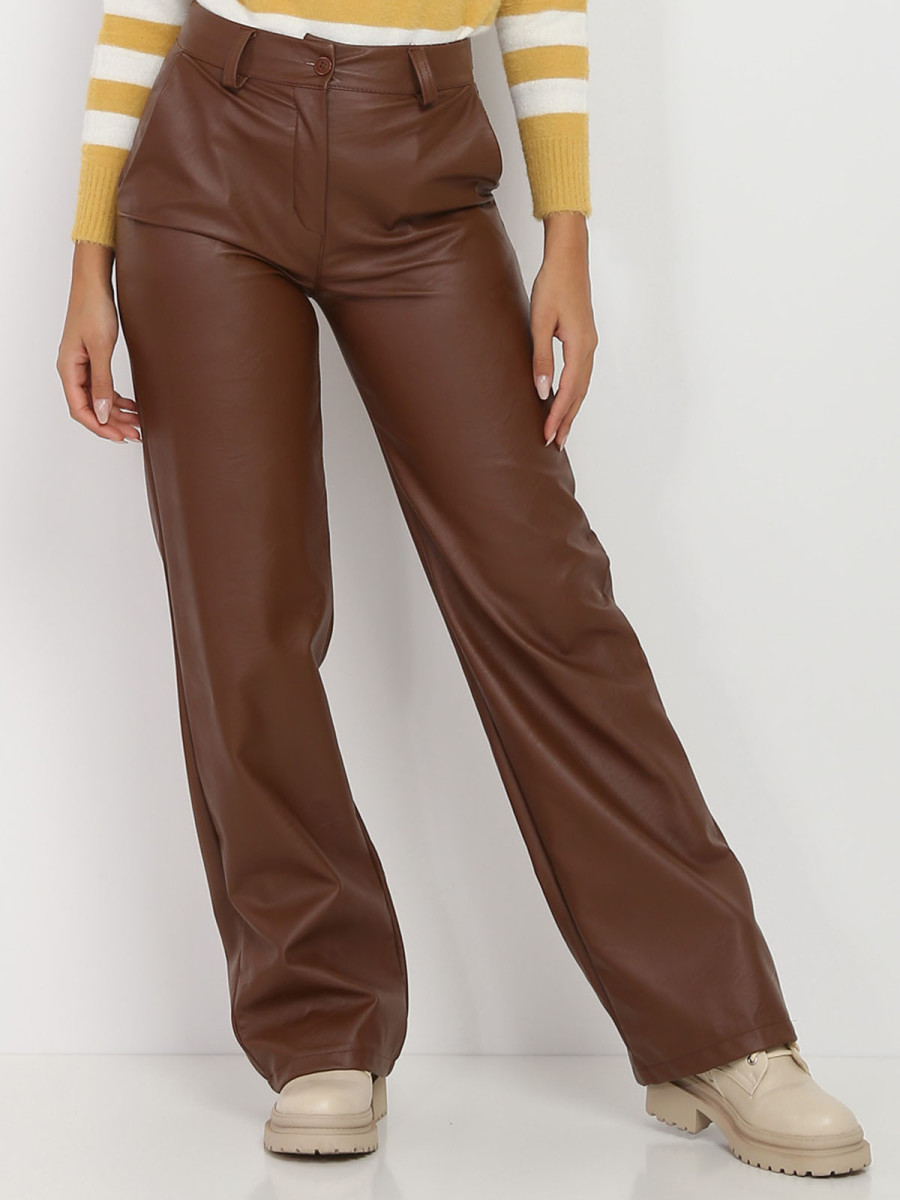 Pantalon large marron en simili