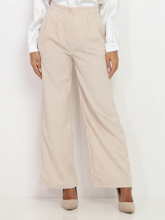 Pantalon large beige en velours côtelé