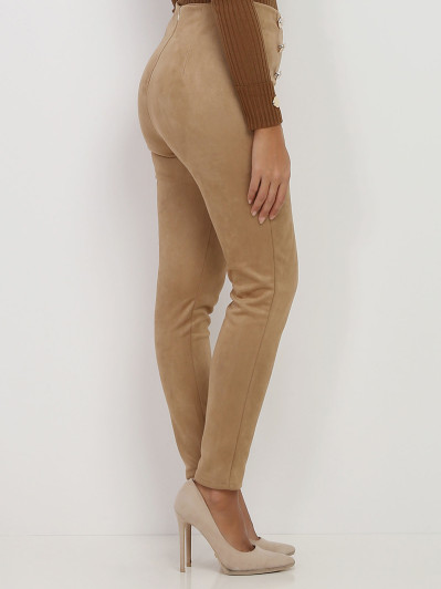Pantalon taille haute camel en suédine à boutons