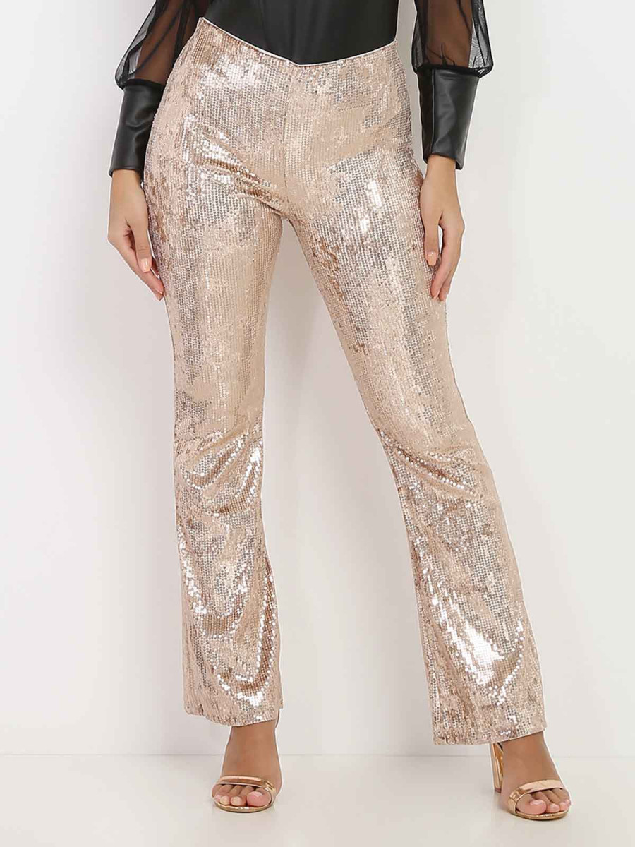 Pantalon doré rose flare à sequins