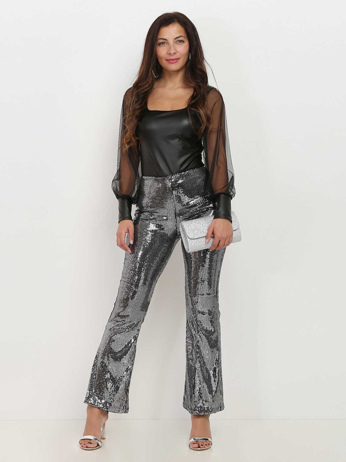 Pantalon argenté flare à sequins