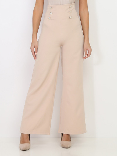 Pantalon palazzo beige à boutons argentés