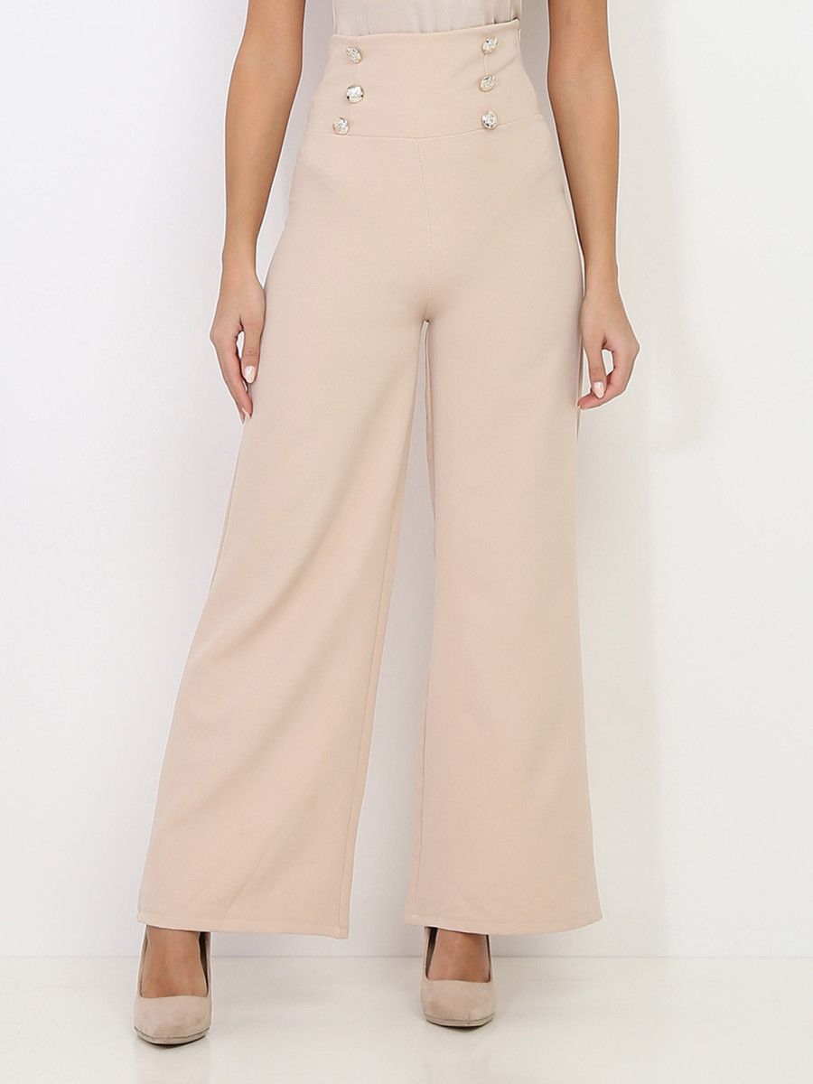 Pantalon palazzo beige à boutons argentés