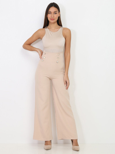 Pantalon palazzo beige à boutons argentés