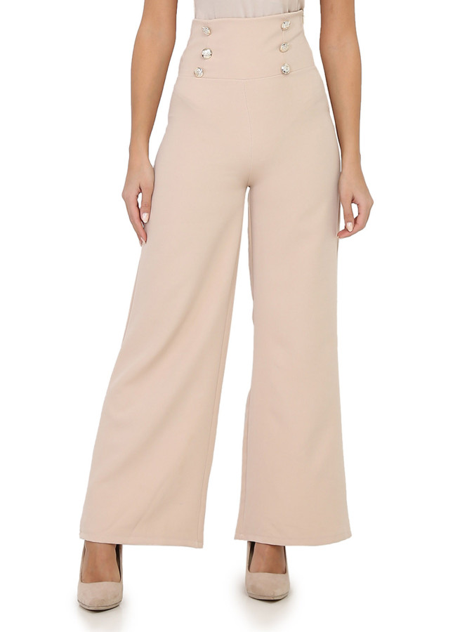 Pantalon palazzo beige à boutons argentés