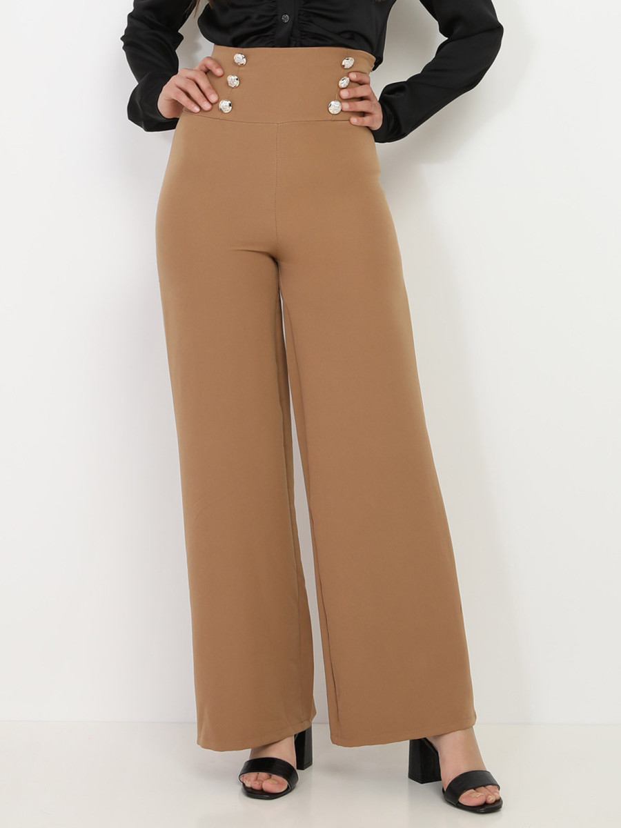 Pantalon palazzo marron clair à boutons argentés