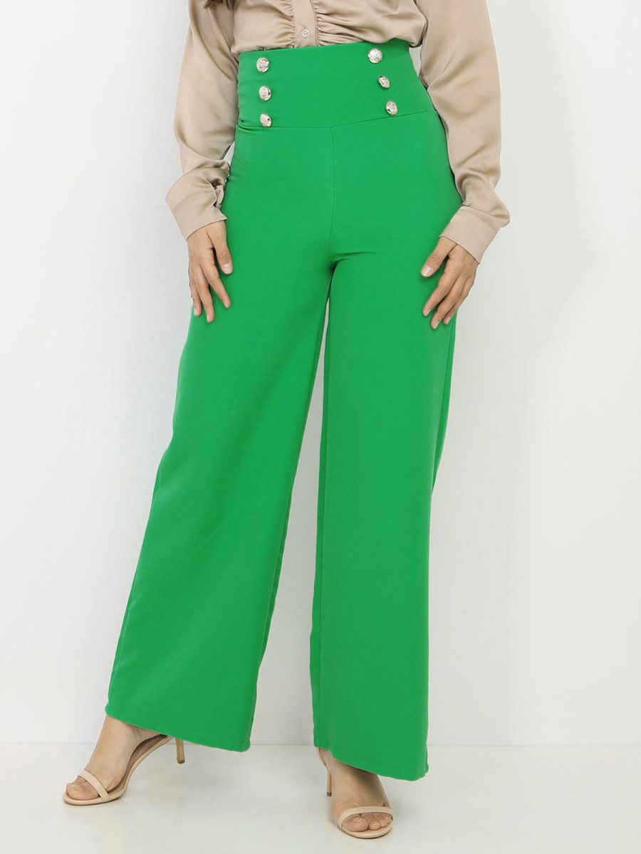 Pantalon palazzo vert à boutons argentés