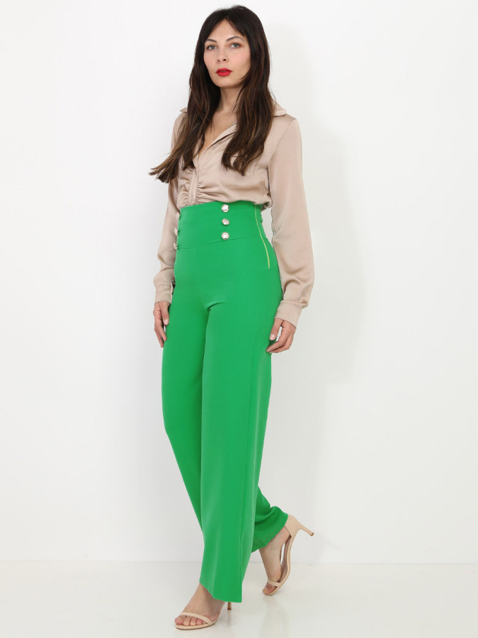 Pantalon palazzo vert à boutons argentés
