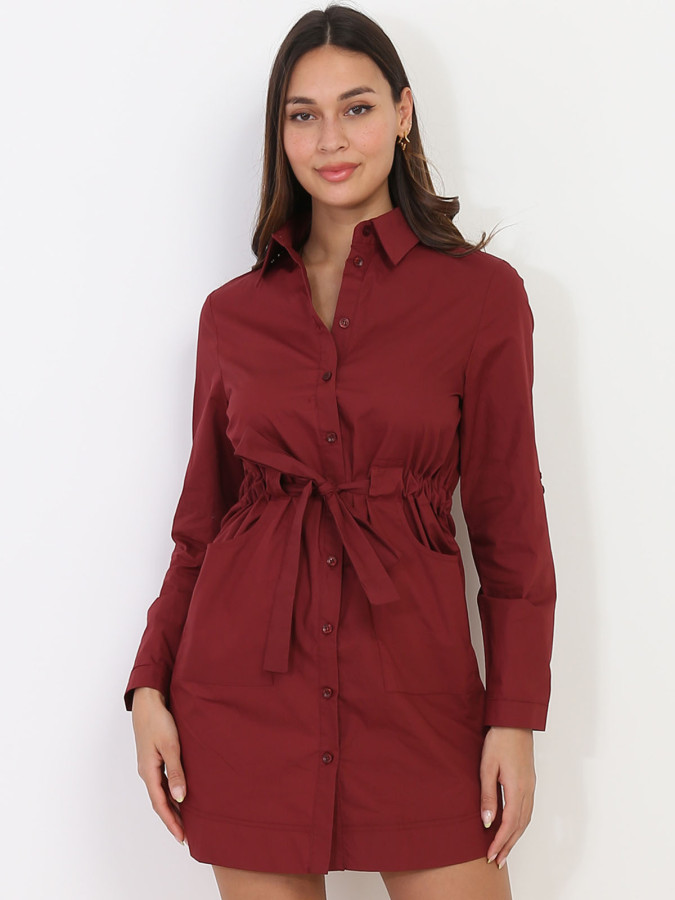 Robe chemise bordeaux avec ceinture femme pas cher la modeuse