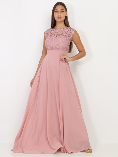Robe longue vieux rose à dentelle