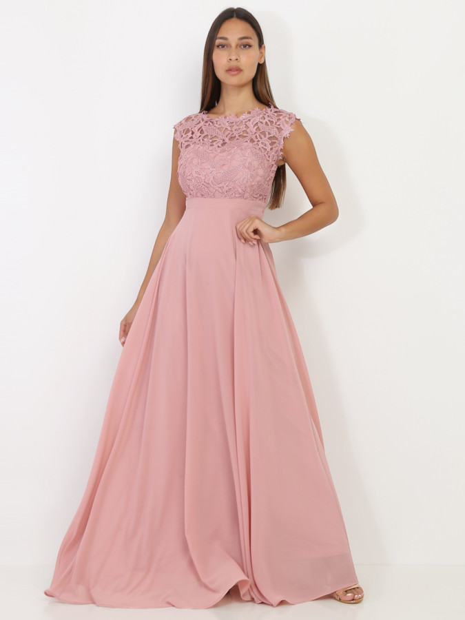Robe longue vieux rose à dentelle