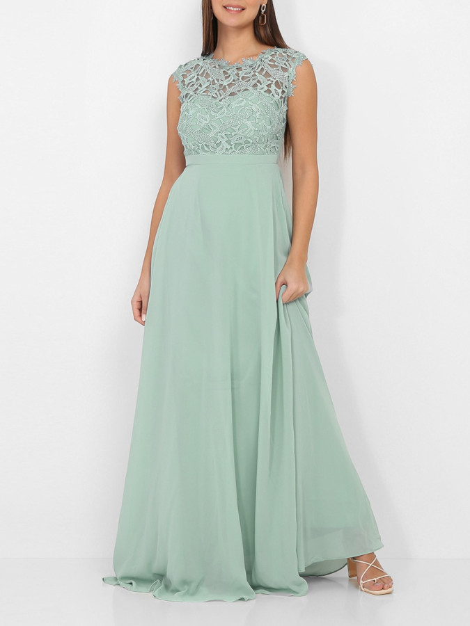 Robe longue de cérémonie vert sauge à dentelle