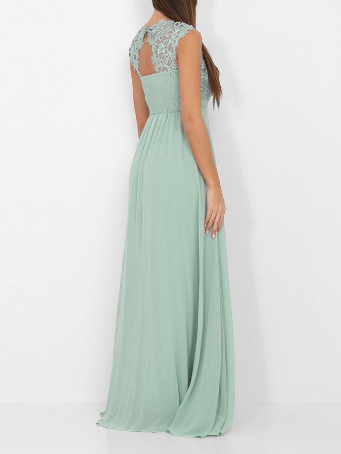 Robe longue de cérémonie vert sauge à dentelle