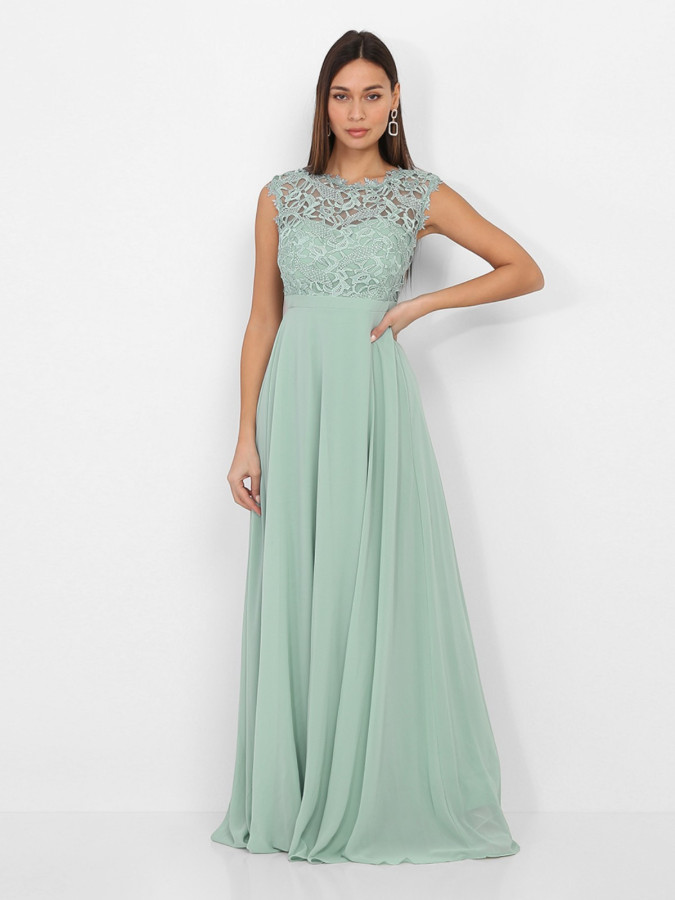 Robe longue de cérémonie vert sauge à dentelle