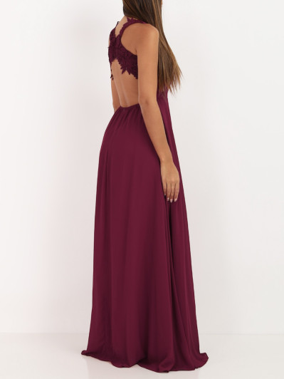 Robe longue bordeaux à broderies fleuries