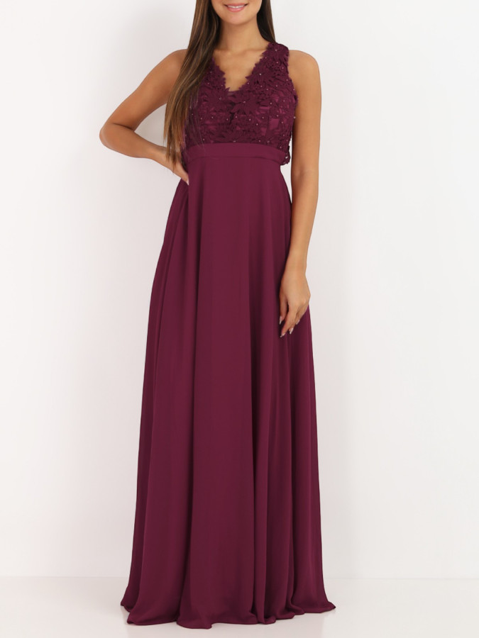 Robe longue bordeaux à broderies fleuries